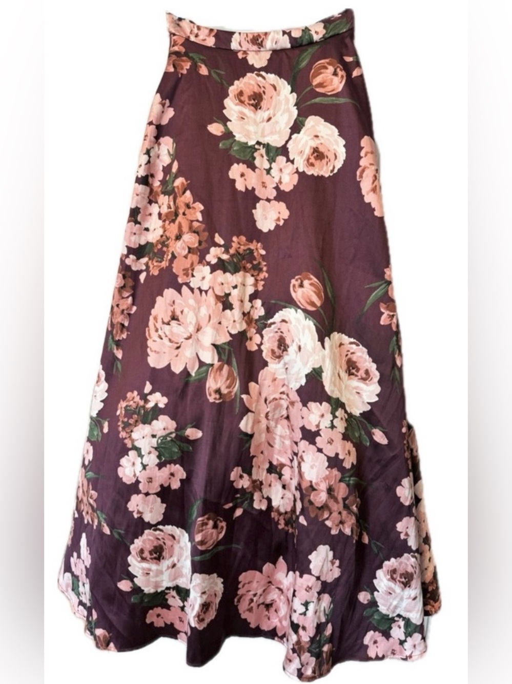 Windsor Floral Satin Cottagecore Maxi Skirt Burgundy Pink A-Line Balletcore Fall - Picture 2 of 7